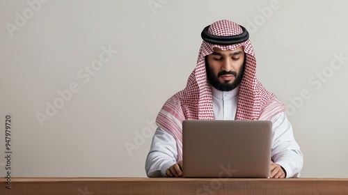 Arab businessman using a laptop  isolated background