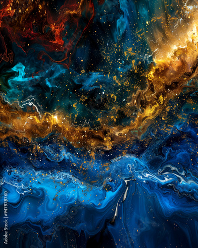 A painting of a galaxy with blue and gold swirls. The colors are vibrant and the brushstrokes are bold. The painting evokes a sense of wonder and awe at the vastness of the universe