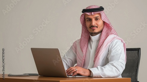 Arab businessman using a laptop isolated background