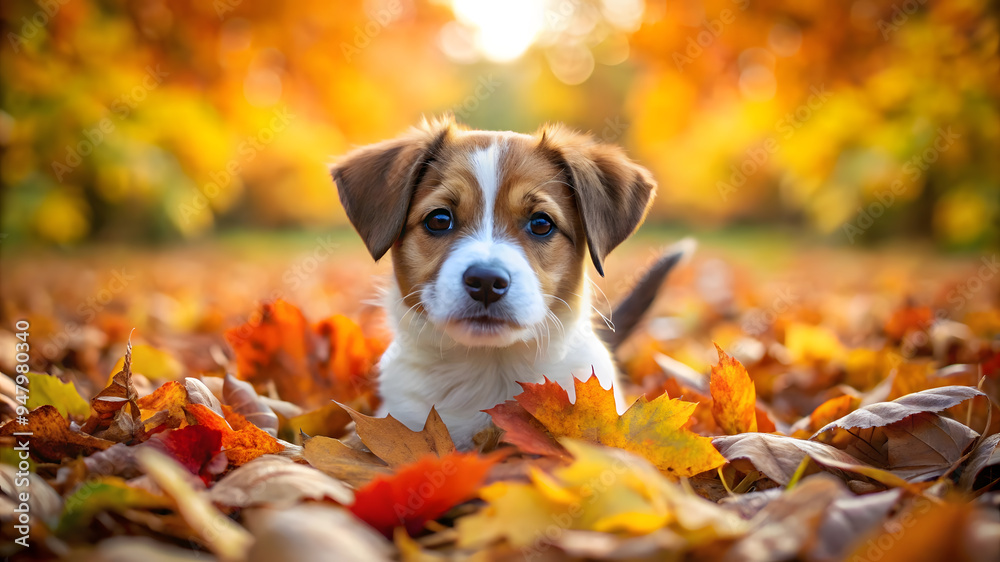 adorable young puppy among autumn leaves adorable young puppy among autumn leaves