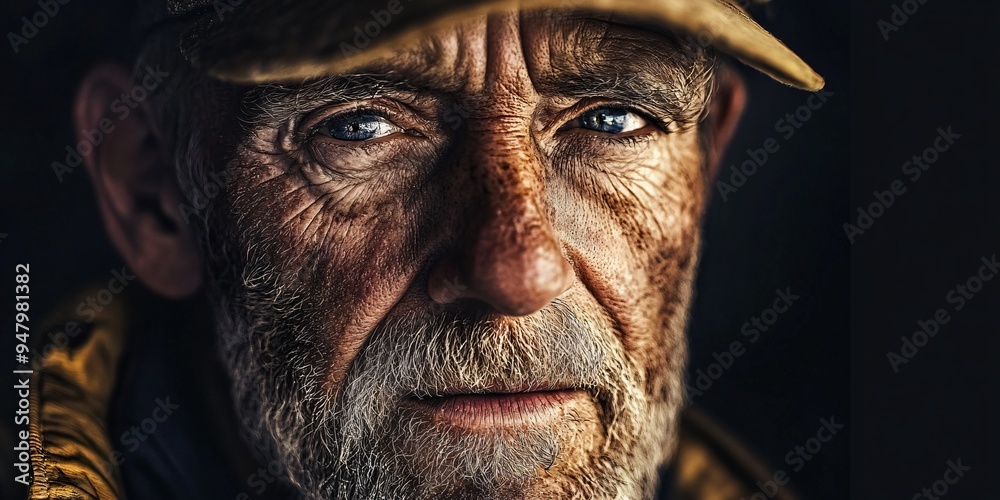 Close-up of an old sailor with a cap and black background Close-up of an old sailor with a cap and black background