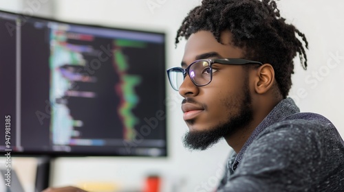 Young man focused on coding at a computer setup in a modern workspace during daylight hours