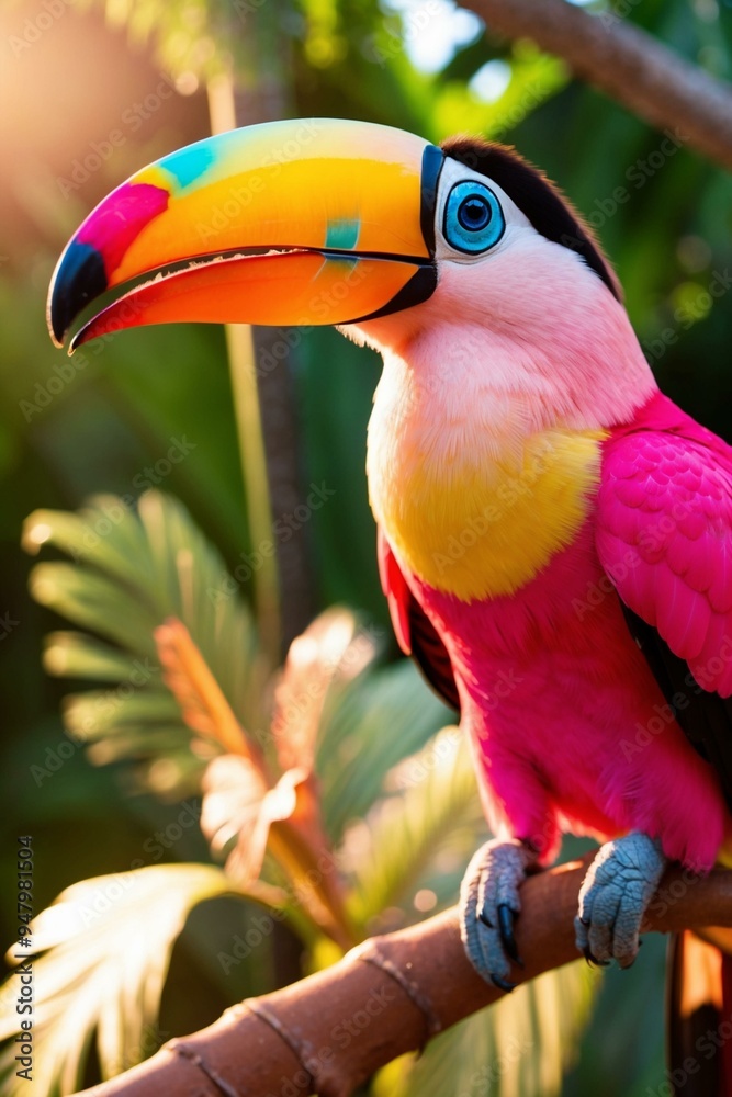 Fototapeta premium Close-up of a vibrant and colorful toucan bird perched on a branch in a tropical rainforest, with lush greens.