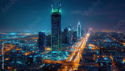 Night view of the city skyline in Saudi Arabia, with illuminated skyscrapers and bustling streets below. 