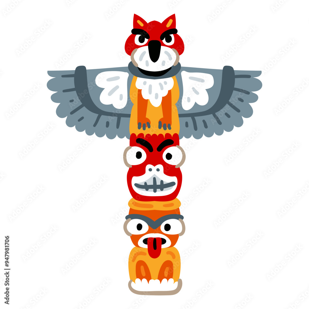 Naklejka premium Native American totem. Wooden object symbol animal plant representation family clan tribe. Traditional totem pole with tiki mask and eagle isolated on a white