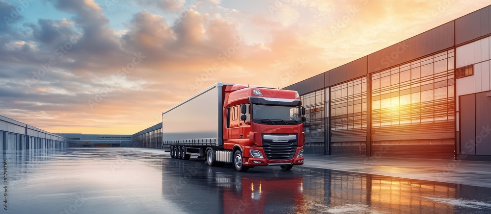 Red Semi-Truck Parked in Modern Industrial Warehouse Complex at Sunset with Reflective Wet Pavement Red Semi-Truck Parked in Modern Industrial Warehouse Complex at Sunset with Reflective Wet Pavement