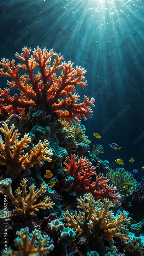 Obraz premium bright sunlight illuminating coral reefs deep underwater background 