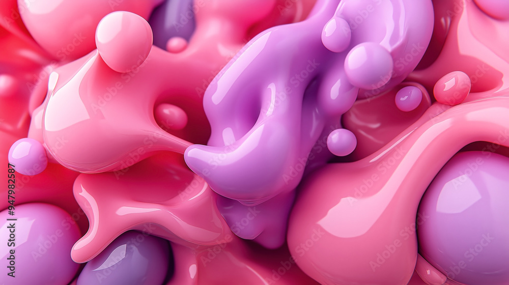 Abstract image featuring glossy, vibrant pink and purple organic shapes blending together. Abstract image featuring glossy, vibrant pink and purple organic shapes blending together.