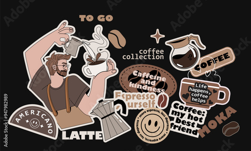 Coffee stickers and barista character. Coffee shop patches. Cups, kettles, arabica coffee, espresso, beans. Graphic doodle minimalist retro icons. 