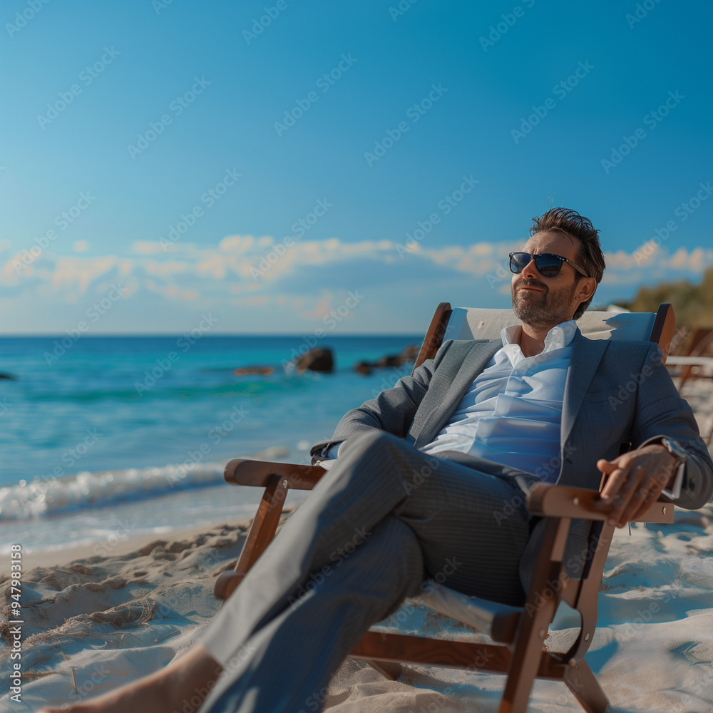 A European business man dressed in business suit, relaxing on a sandy beach surrounded by beach scenery. A European business man dressed in business suit, relaxing on a sandy beach surrounded by beach scenery.