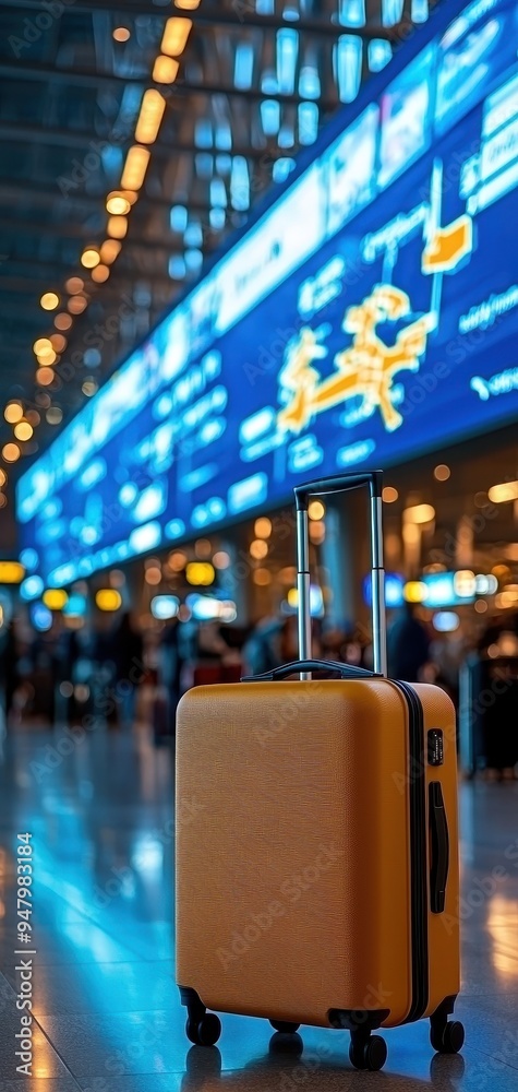 Naklejka premium A modern airport terminal with a yellow suitcase in the foreground and a large digital departure board in the background.