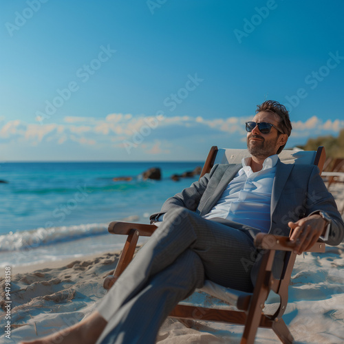 A European business man dressed in business suit, relaxing on a sandy beach surrounded by beach scenery.  photo