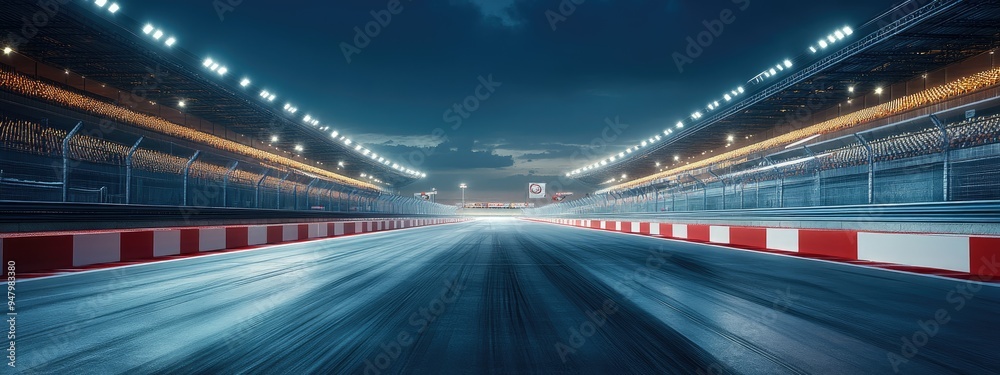 Fast ride on racing track and empty grandstands around asphalt road at night. Professional digital 3d illustration of racing sports Fast ride on racing track and empty grandstands around asphalt road at night. Professional digital 3d illustration of racing sports