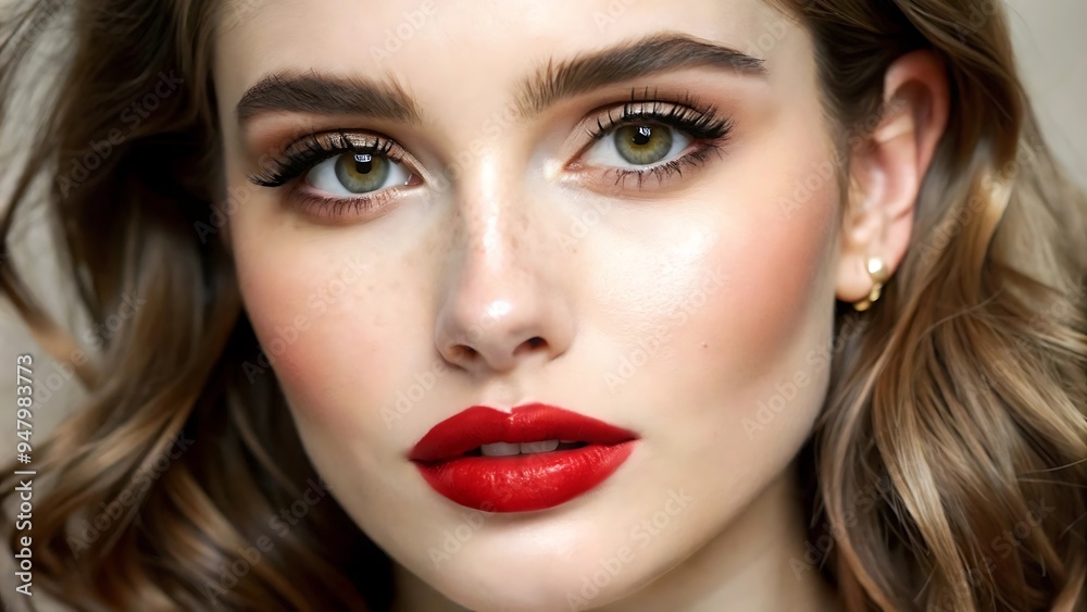 Beautiful White Girl With Red Lips Looks to the Camera Beautiful White Girl With Red Lips Looks to the Camera