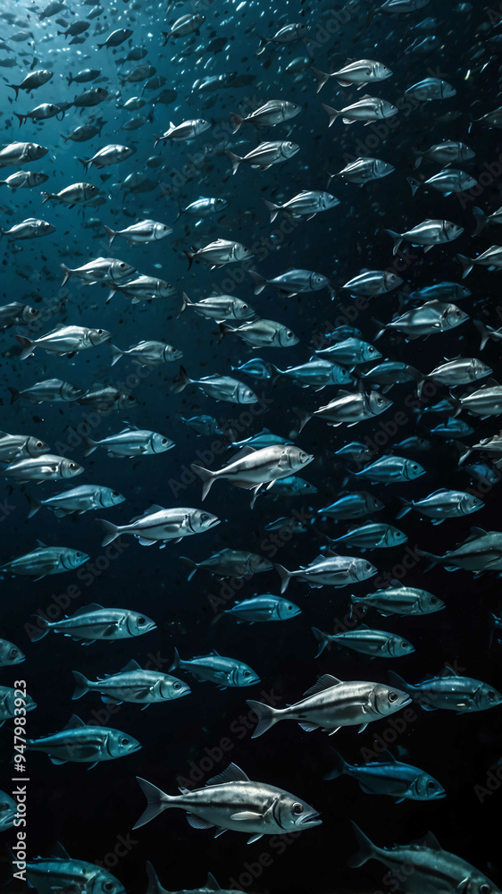 Obraz premium fish schools forming mesmerizing patterns deep underwater background 