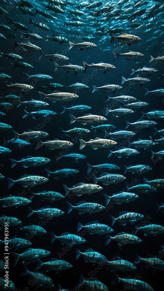 Obraz premium fish schools forming mesmerizing patterns deep underwater background 