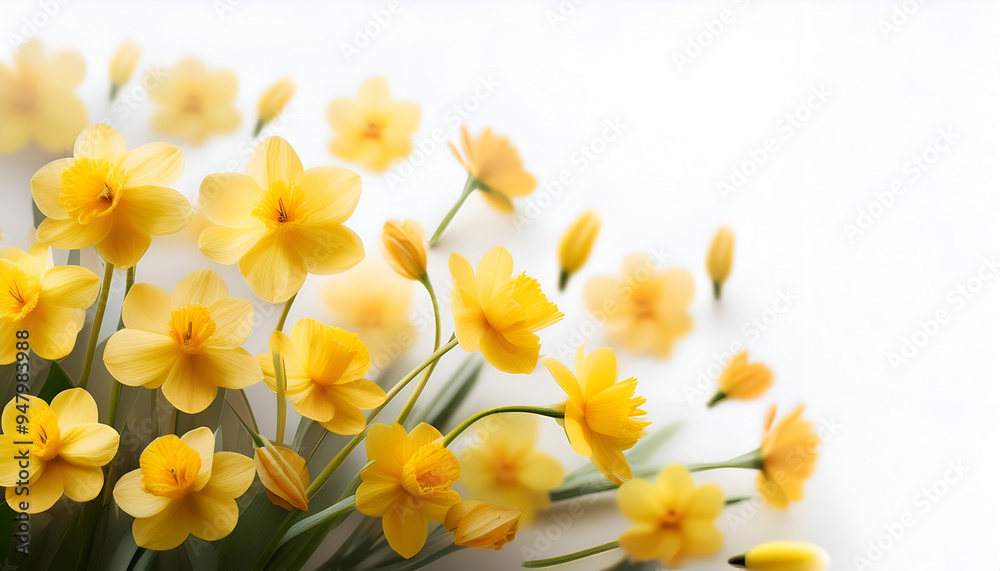 Obraz premium A vibrant arrangement of yellow daffodils on a white background showcasing spring's beauty and freshness