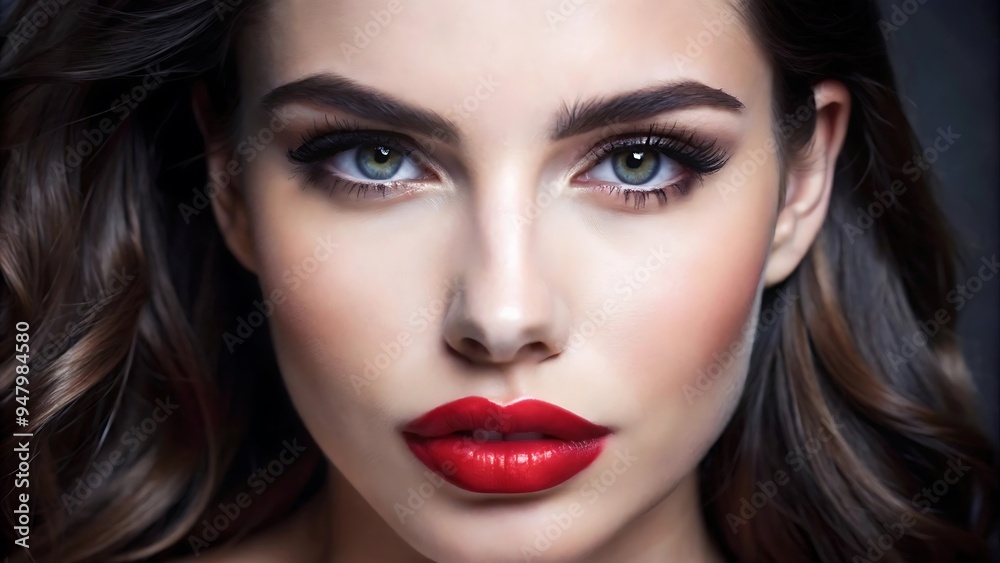 Fototapeta premium Beautiful White Girl With Red Lips Looks to the Camera