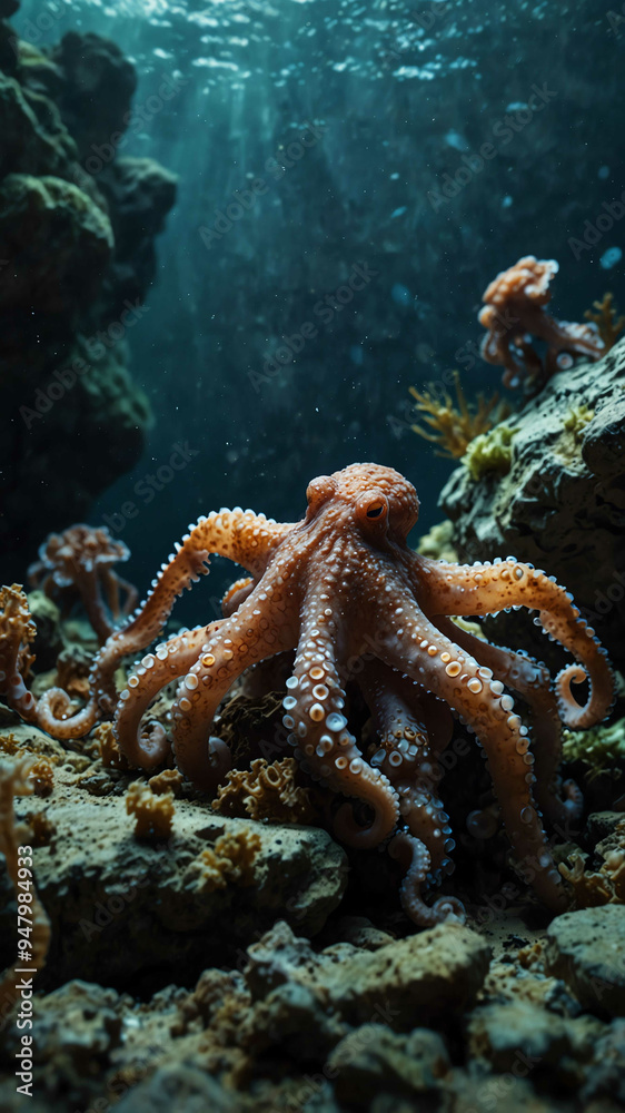Fototapeta premium octopuses camouflaging among the rocks deep underwater background 