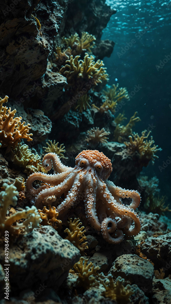 octopuses camouflaging among the rocks deep underwater background octopuses camouflaging among the rocks deep underwater background