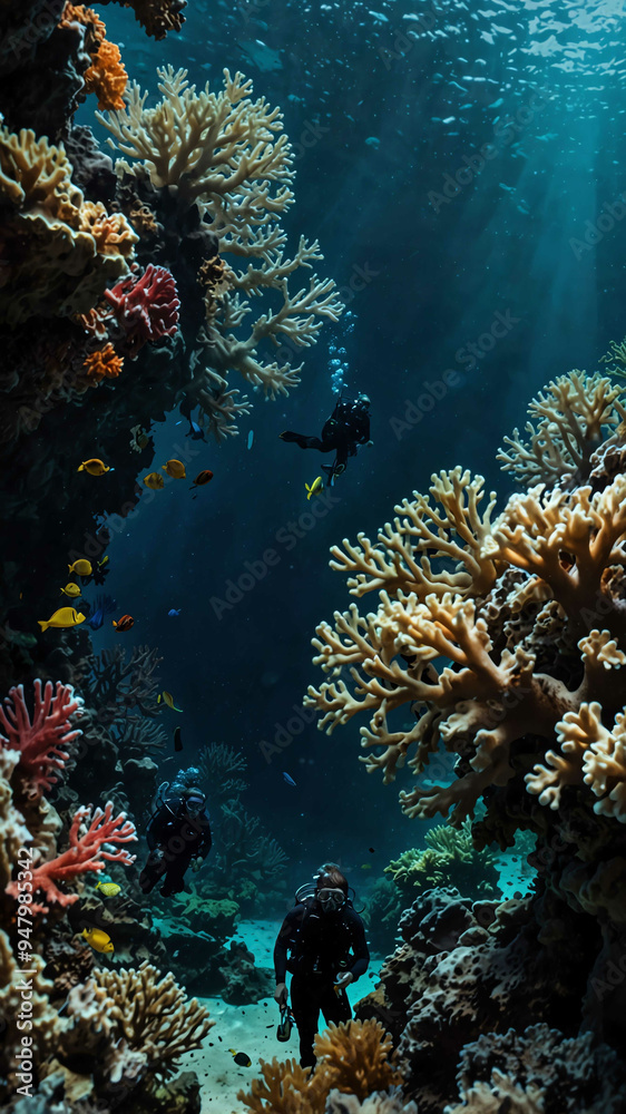 scuba divers exploring coral formations deep underwater background 