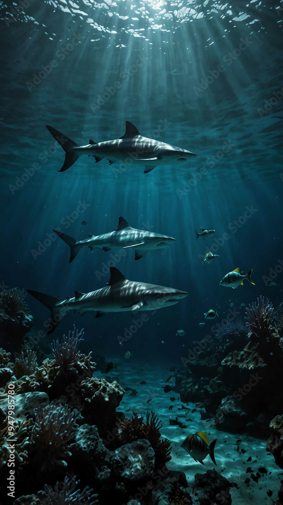 Fototapeta premium sharks patrolling their territory in the deep underwater background 