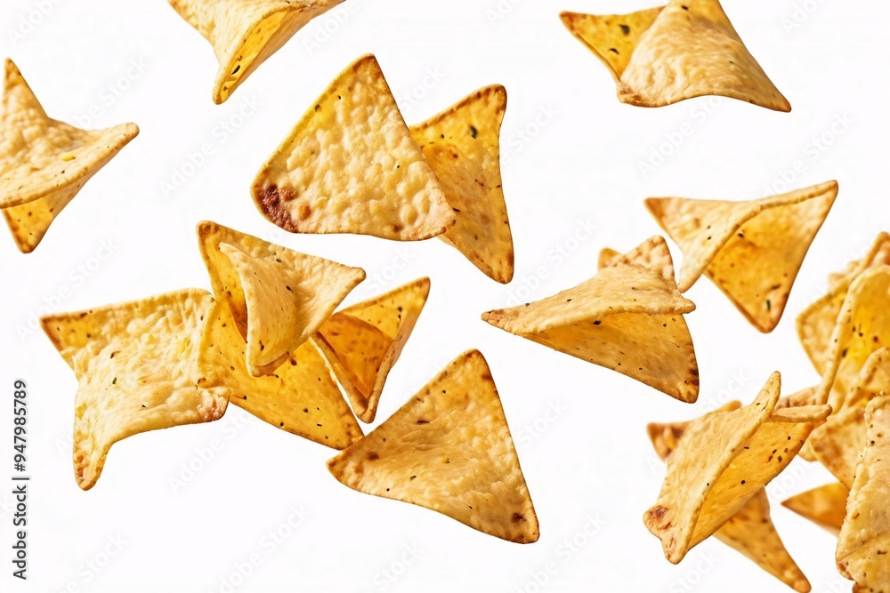 Crispy triangular chips falling in mid-air. Crispy triangular chips falling in mid-air.