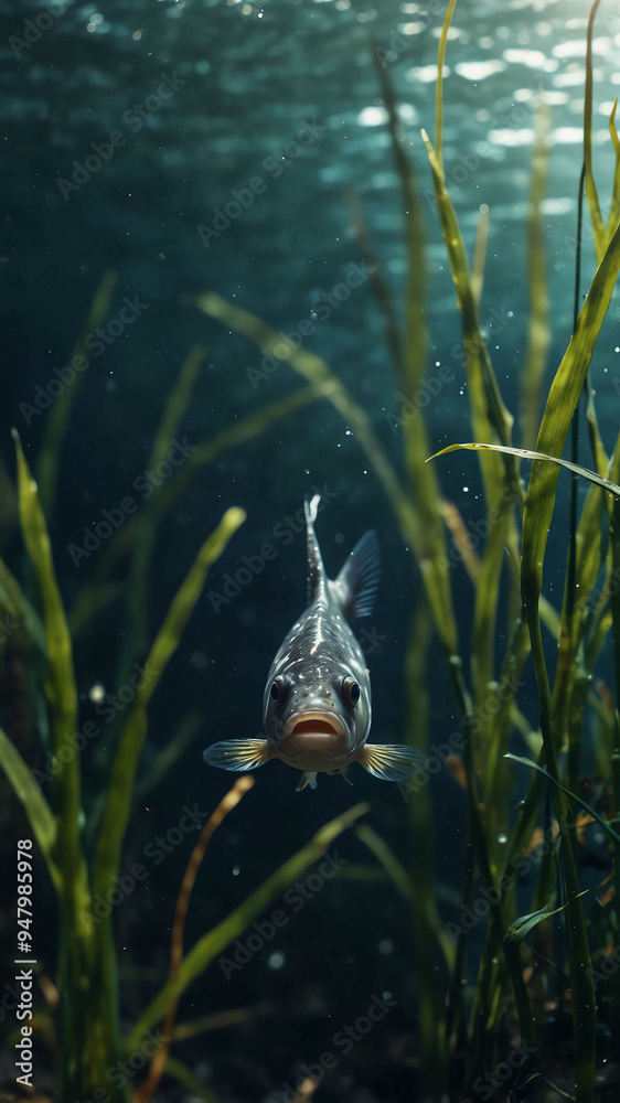 Fototapeta premium small fish hiding among seagrass deep underwater background 