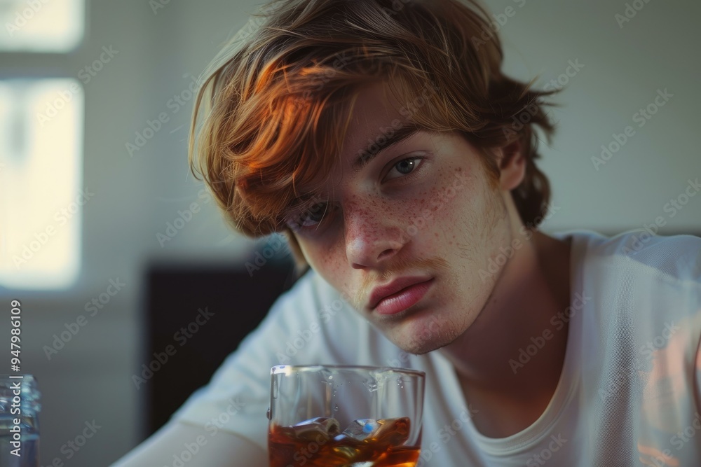 Young man drinking whiskey feeling depressed and lonely at home Young man drinking whiskey feeling depressed and lonely at home