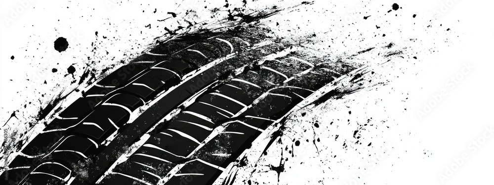 Fototapeta premium Grunge tire track wheel braking marks. Truck car or motorcycle tread pattern silhouette. Auto race motorsport speed racing design element. Vector illustration