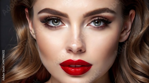 Beautiful White Girl With Red Lips Looks to the Camera