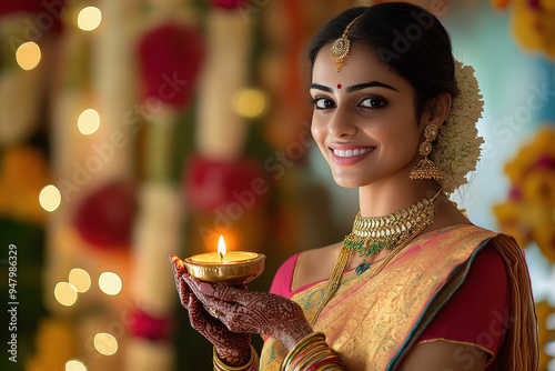 happy woman holding diya and plate with sweets during Diwali festival, on background blurred painting on wall with Indian goddess photo