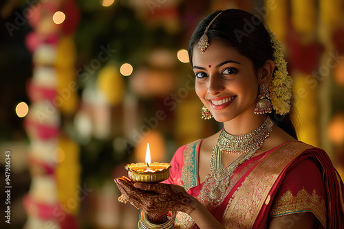 happy woman holding diya and plate with sweets during Diwali festival, on background blurred painting on wall with Indian goddess photo