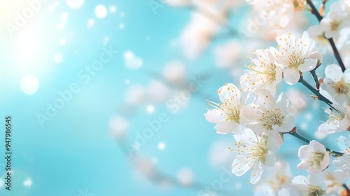This serene image showcases white blossoms flourishing on tree branches against a captivating blue background, capturing the essence of tranquility, beauty, and renewal.