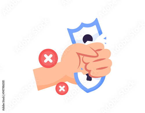 illustration of a hand holding a shield until it breaks. destroying the shield. destroying the security system. danger warning if the protection system has been damaged. flat style design. graphic