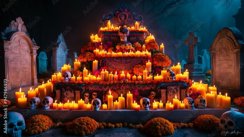 Fototapeta premium Intricate Day of the Dead altar lit by numerous candles in a graveyard, celebrating the lives of the deceased.