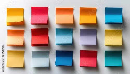 A white background with colorful sticky notes arranged in an organized pattern, symbolizing the simplicity and clarity of business planning using post-it notes on a white background. 