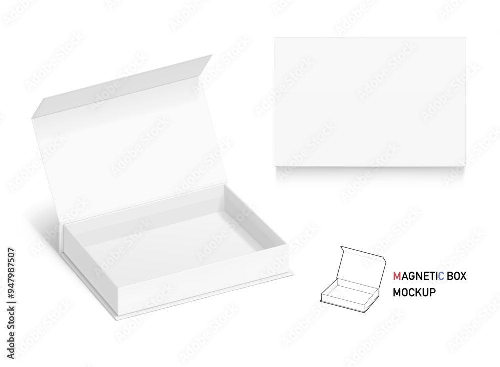 White box with magnetic close. Vector illustration isolated on white background. Taking your 2D designs into 3D. Can be use for gift box, luxury, cosmetics, electronics and other goods. EPS10. White box with magnetic close. Vector illustration isolated on white background. Taking your 2D designs into 3D. Can be use for gift box, luxury, cosmetics, electronics and other goods. EPS10.