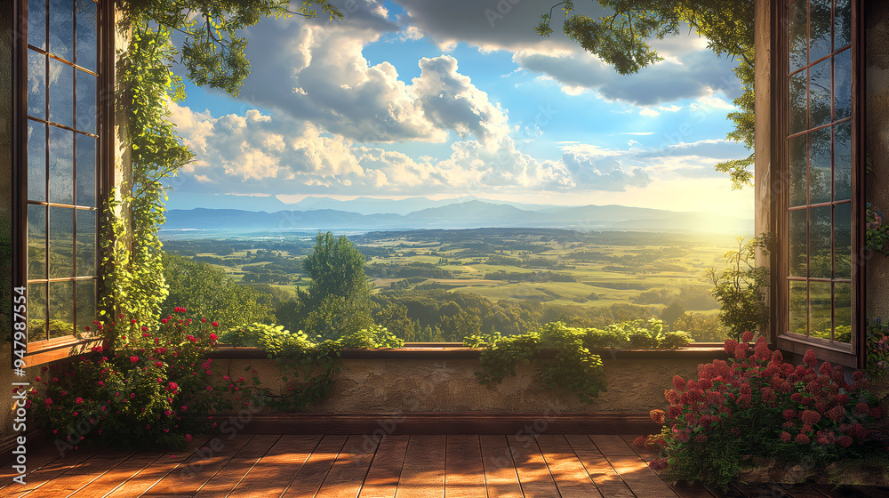 A window with a view of a mountain and a field A window with a view of a mountain and a field