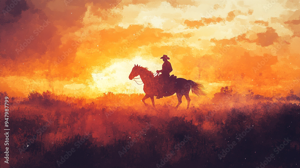 A lone rider on horseback traverses a golden landscape at sunset, surrounded by vibrant hues of orange and yellow in the evening sky A lone rider on horseback traverses a golden landscape at sunset, surrounded by vibrant hues of orange and yellow in the evening sky