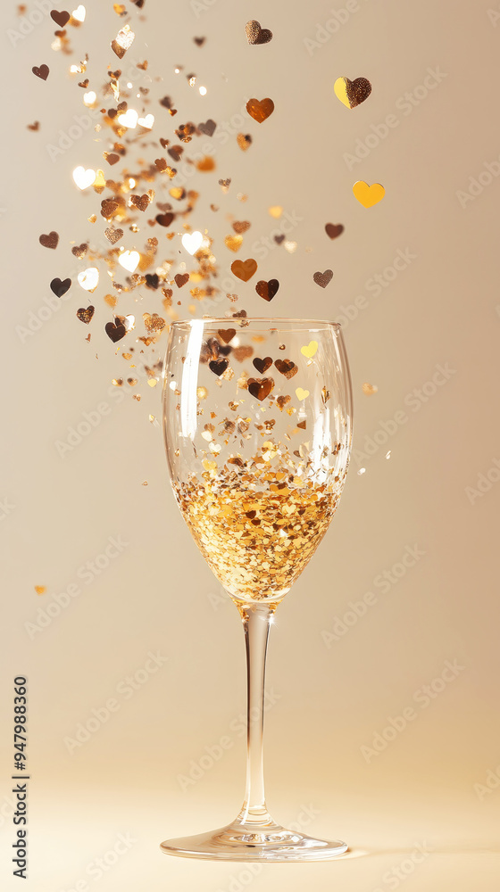 Confetti hearts exploding from champagne glass on light background, copy space, party invitation. Generative AI Confetti hearts exploding from champagne glass on light background, copy space, party invitation. Generative AI