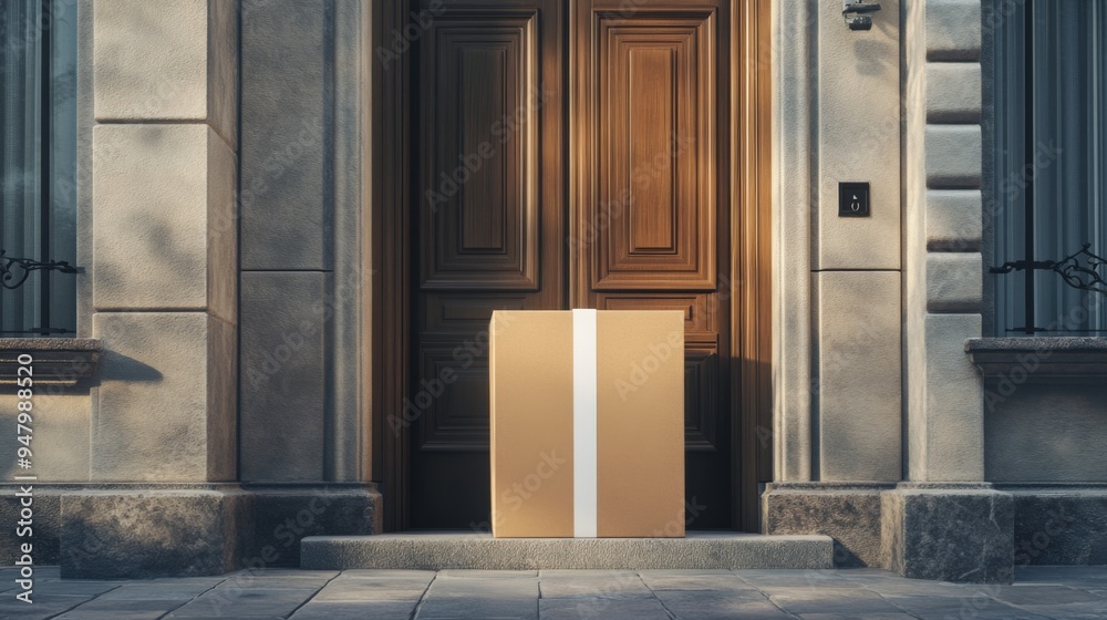 Cardboard box placed on the doorstep of a house with an ornate, wooden door, indicating delivery or arrival of goods in a residential setting during daylight. Cardboard box placed on the doorstep of a house with an ornate, wooden door, indicating delivery or arrival of goods in a residential setting during daylight.