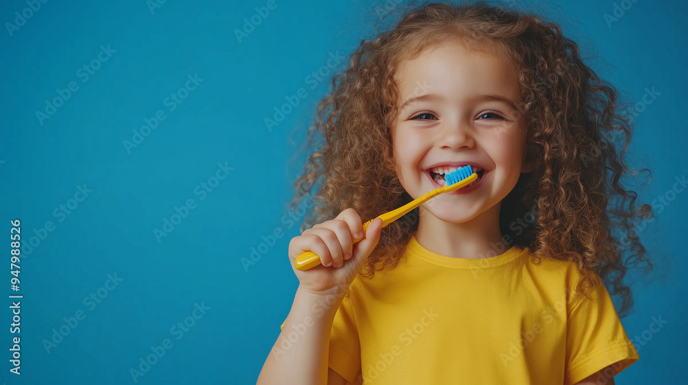 Happy smiling child girl with curly hair in yellow t-shirt brushing teeth with toothbrush on blue background. Health care, oral hygiene. Mockup, copy space. Happy smiling child girl with curly hair in yellow t-shirt brushing teeth with toothbrush on blue background. Health care, oral hygiene. Mockup, copy space.