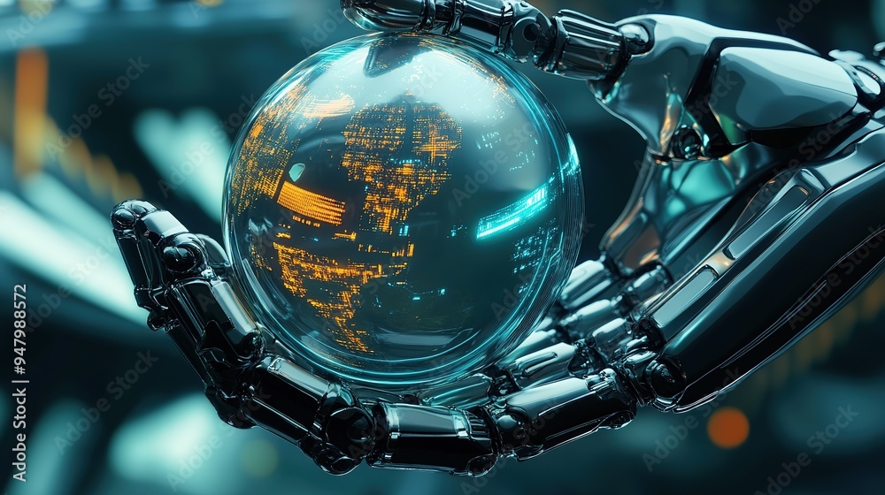Fototapeta premium A robotic hand holds a glowing globe, symbolizing technological advancement and global connections in a digital landscape