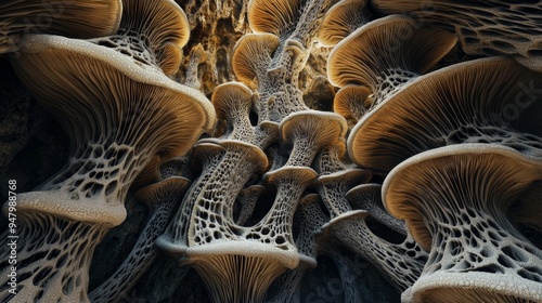 Cave-like environment filled with organic, mushroom-like forms, creating an intricate and complex network of natural architecture, blending seamlessly with its surroundings. photo