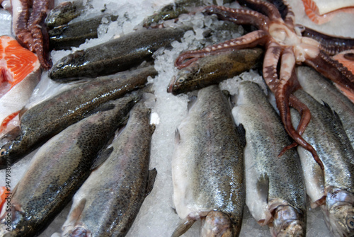 Tableau sur toile Fresh fish on ice. Trout fish on sale. Trout, salmon and octopus.