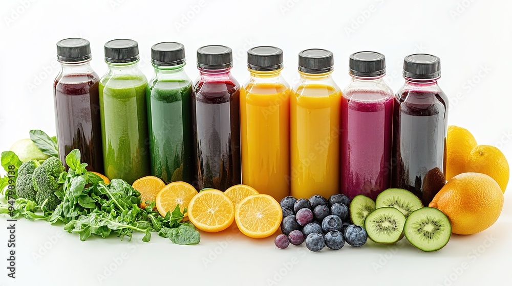 Colorful array of cold-pressed juice bottles arranged with fresh fruits and vegetables on a bright background Colorful array of cold-pressed juice bottles arranged with fresh fruits and vegetables on a bright background