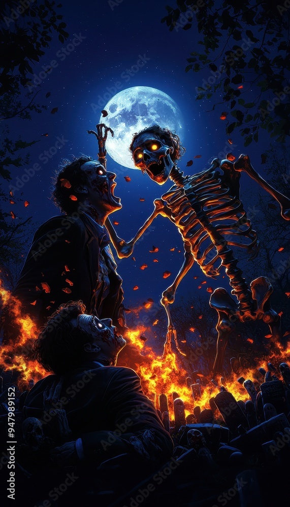 Eerie nighttime scene with a skeleton and a man against a full moon backdrop, engulfed in fire, evoking a supernatural and haunting atmosphere. Eerie nighttime scene with a skeleton and a man against a full moon backdrop, engulfed in fire, evoking a supernatural and haunting atmosphere.