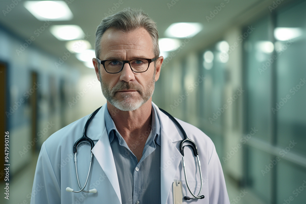 Close-up portait of a doctor in a hospital corridor. Serious caucasian senior doctor hospital portrait. Close-up portait of a doctor in a hospital corridor. Serious caucasian senior doctor hospital portrait.