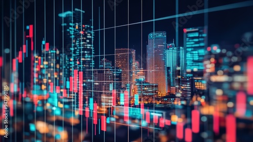 Dynamic financial data visualization over a city skyline at night, showcasing growth trends and market analysis in real-time